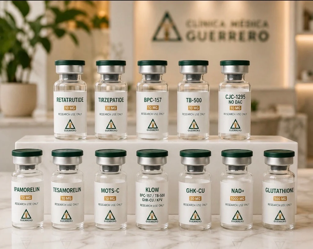 Peptide therapy vials arranged in a clinical display